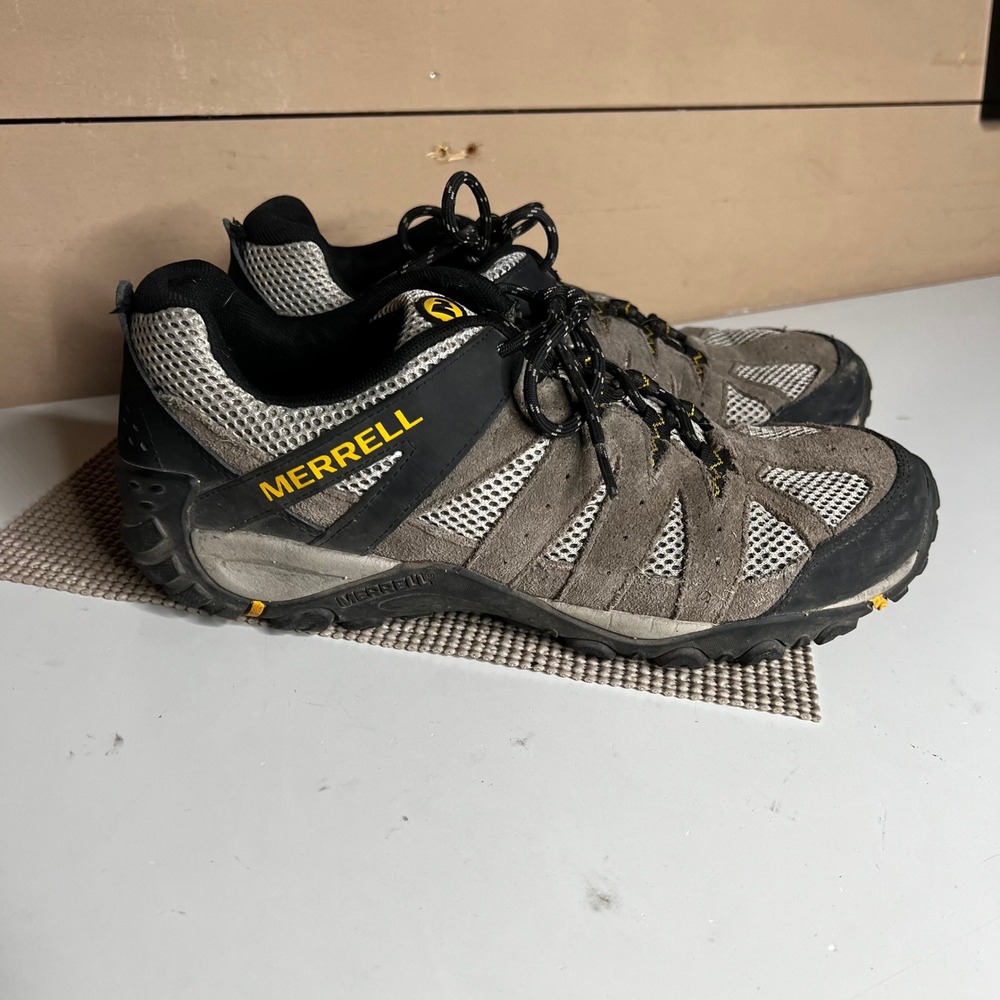 Merrell Mens J48521 Hiking Shoes Suede Mesh Low Top Grey Black Yellow Size 10